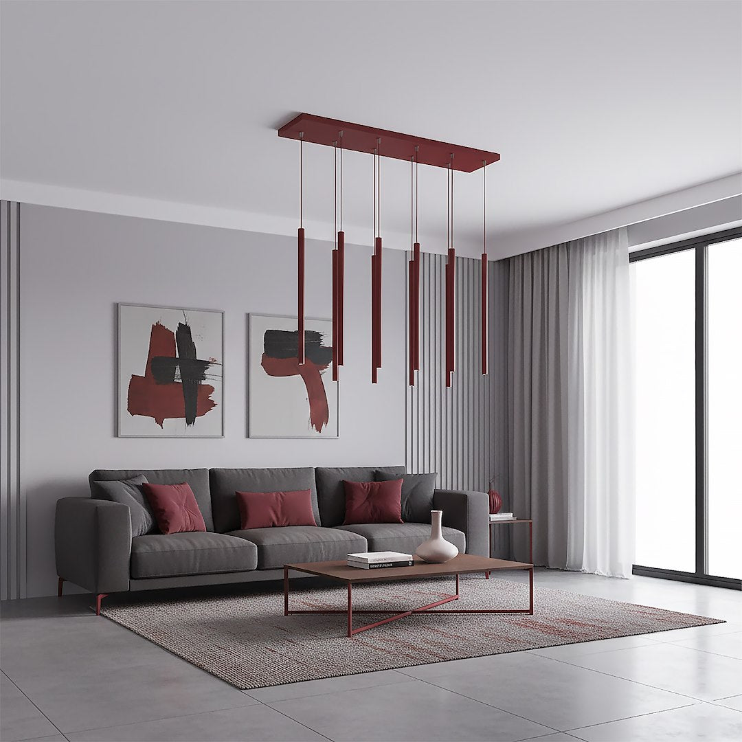 Hanglamp gepoedercoat staal Selter bordeaux 92 cm breed, 9 fittingen G9, boven keukeneiland