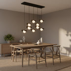 Hanglamp gepoedercoat staal Ritual 9 lichts, modern, zwart met witte kappen – 100 x 32 cm, eettafel en kookeiland
