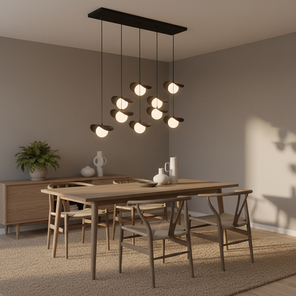 Hanglamp gepoedercoat staal Ritual 9 lichts, modern, zwart met witte kappen – 100 x 32 cm, eettafel en kookeiland