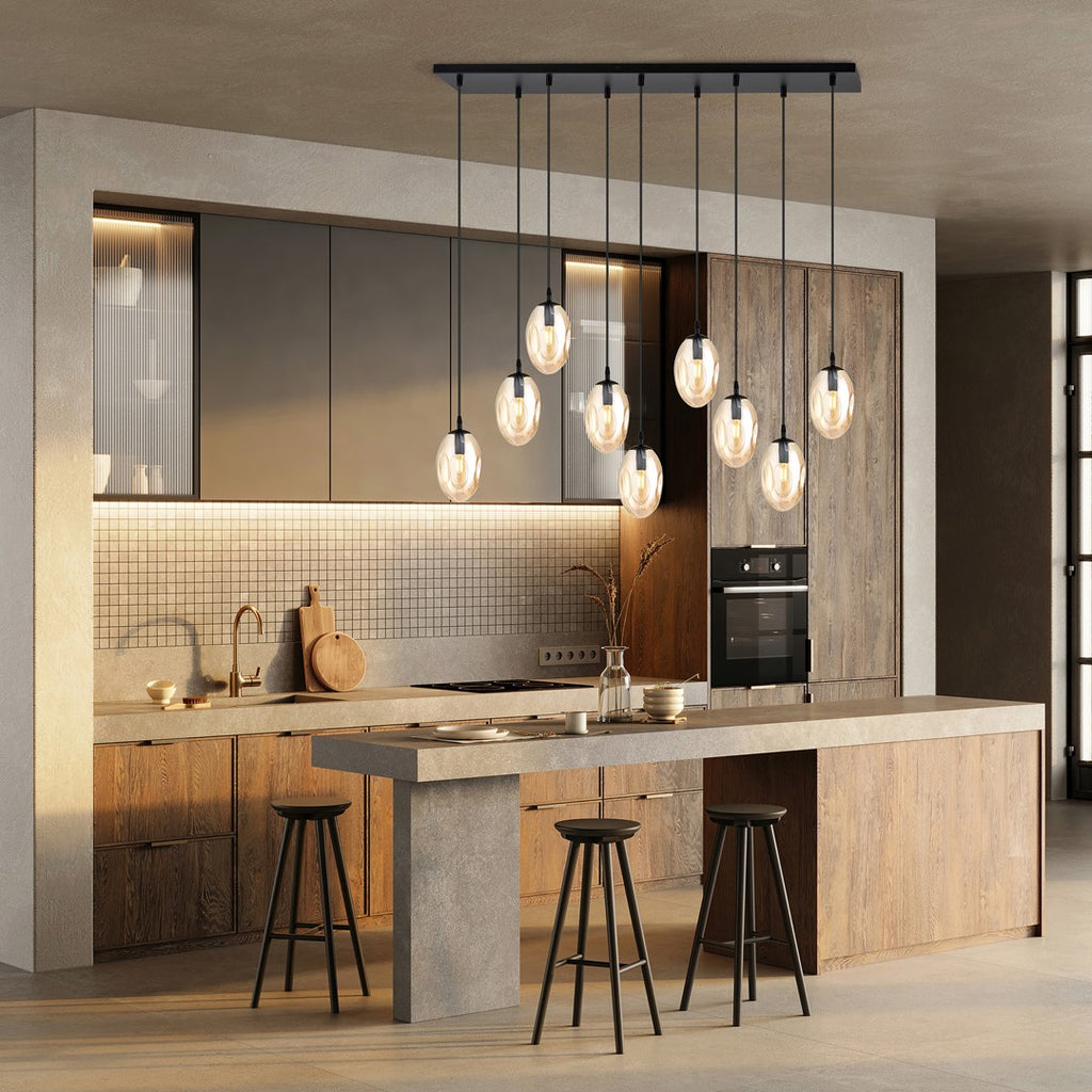 Hanglamp gepoedercoat staal en glas Astral, amber en zwart, 9 lichtpunten E14, hoogte verstelbaar, woonkamer en eetkamer