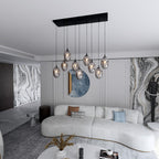 Hanglamp 9 lichts gepoedercoat staal en glas, modern, zwart met grafiet kappen, 92 x 22 cm, eettafel en woonkamer