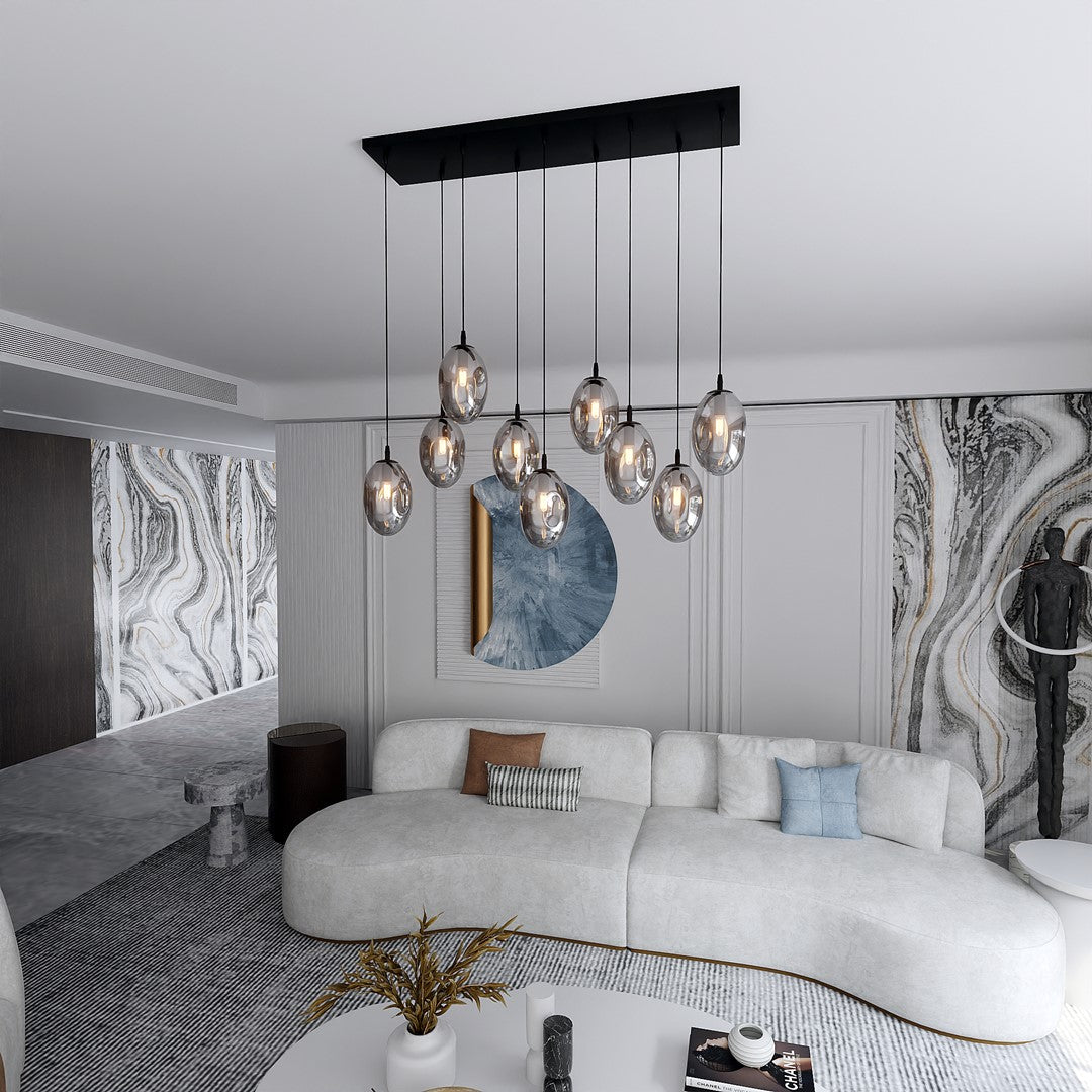 Hanglamp 9 lichts gepoedercoat staal en glas, modern, zwart met grafiet kappen, 92 x 22 cm, eettafel en woonkamer