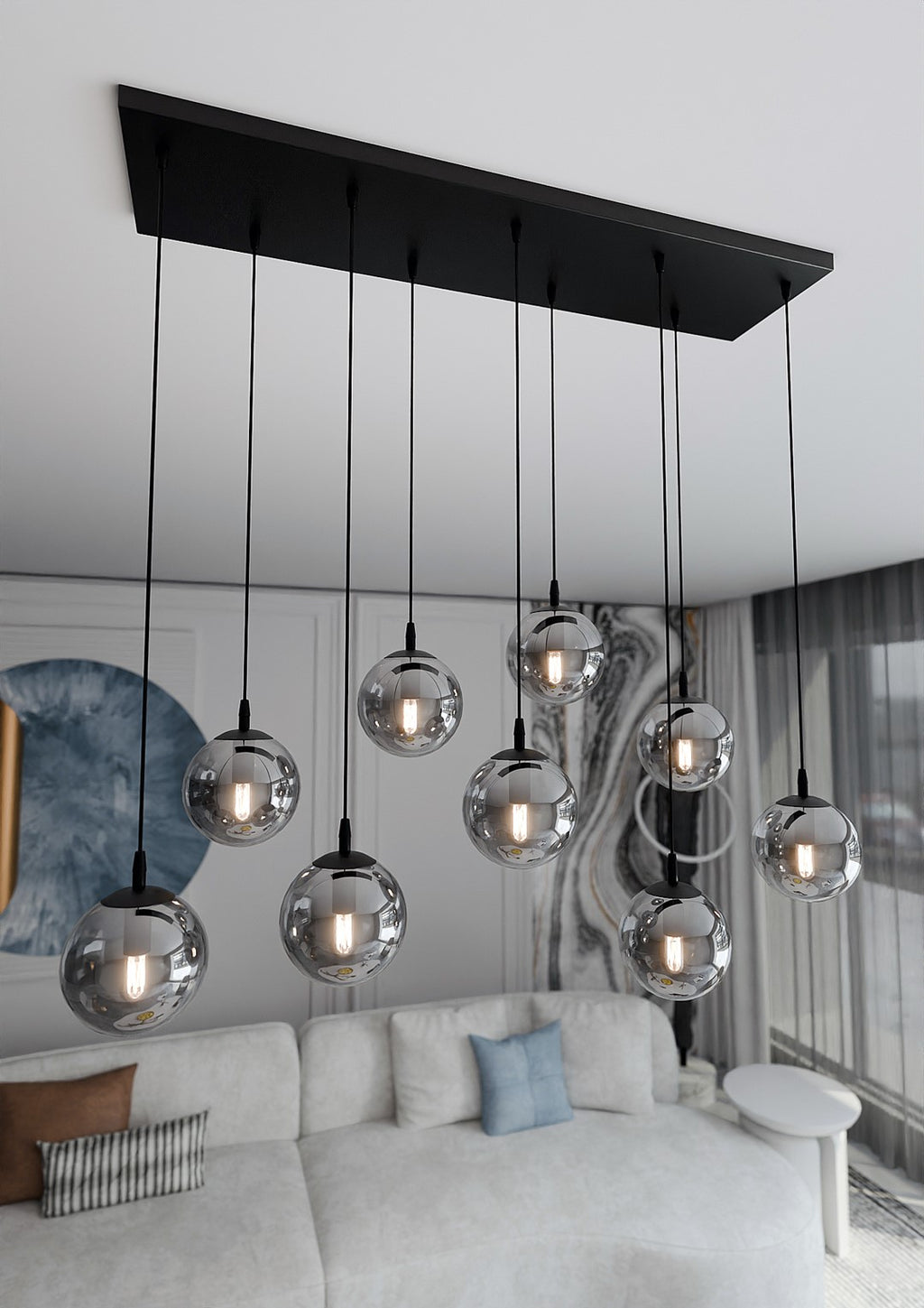 Hanglamp gepoedercoat staal en glas Cosmo, zwart met grafiet glazen kappen, 9 lichts, 104 x 120 cm, eettafel en zithoek