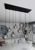 Hanglamp gepoedercoat staal en glas Cosmo, zwart met grafiet glazen kappen, 9 lichts, 104 x 120 cm, eettafel en zithoek