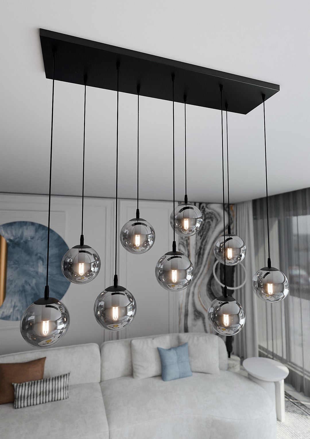 Hanglamp gepoedercoat staal en glas Cosmo, zwart met grafiet glazen kappen, 9 lichts, 104 x 120 cm, eettafel en zithoek