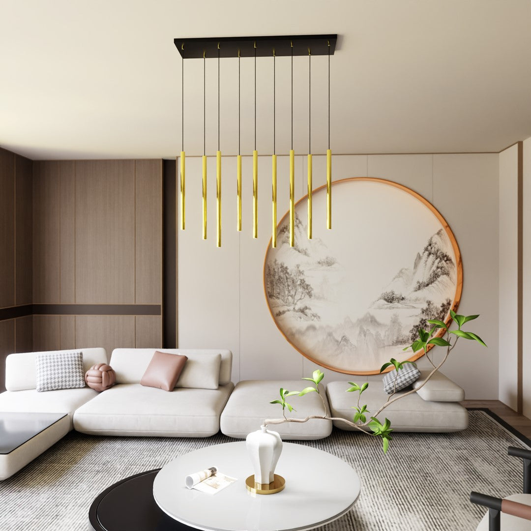 Hanglamp Selter 9 lichtpunten gepoedercoat staal, glamour, zwart met goud, 90 cm breed, verstelbare hoogte