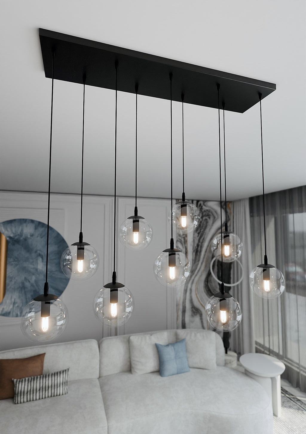 Hanglamp 9 lichts gepoedercoat staal en glas, modern Cosmo, zwart met transparante kappen, 104 x 120 cm