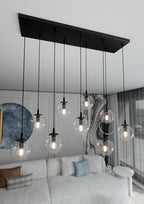 Hanglamp 9 lichts gepoedercoat staal en glas, modern Cosmo, zwart met transparante kappen, 104 x 120 cm