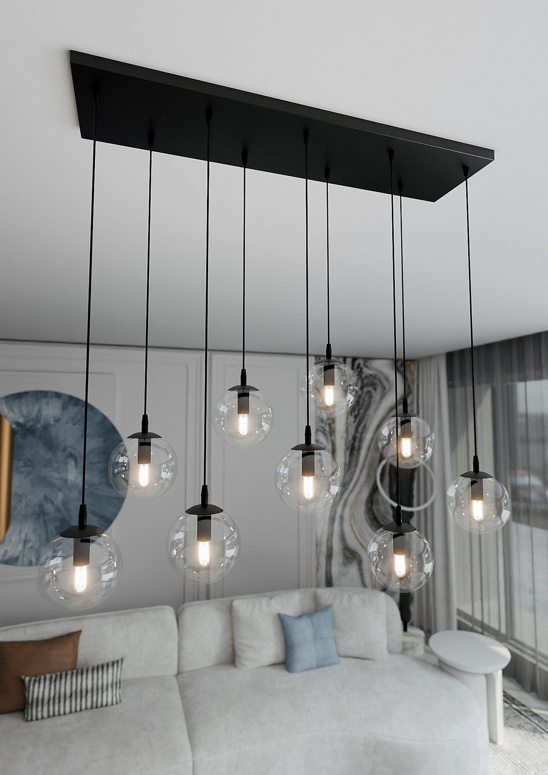 Hanglamp 9 lichts gepoedercoat staal en glas, modern Cosmo, zwart met transparante kappen, 104 x 120 cm