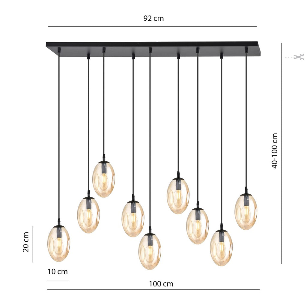 Hanglamp gepoedercoat staal en glas Astral, amber en zwart, 9 lichtpunten E14, hoogte verstelbaar, woonkamer en eetkamer