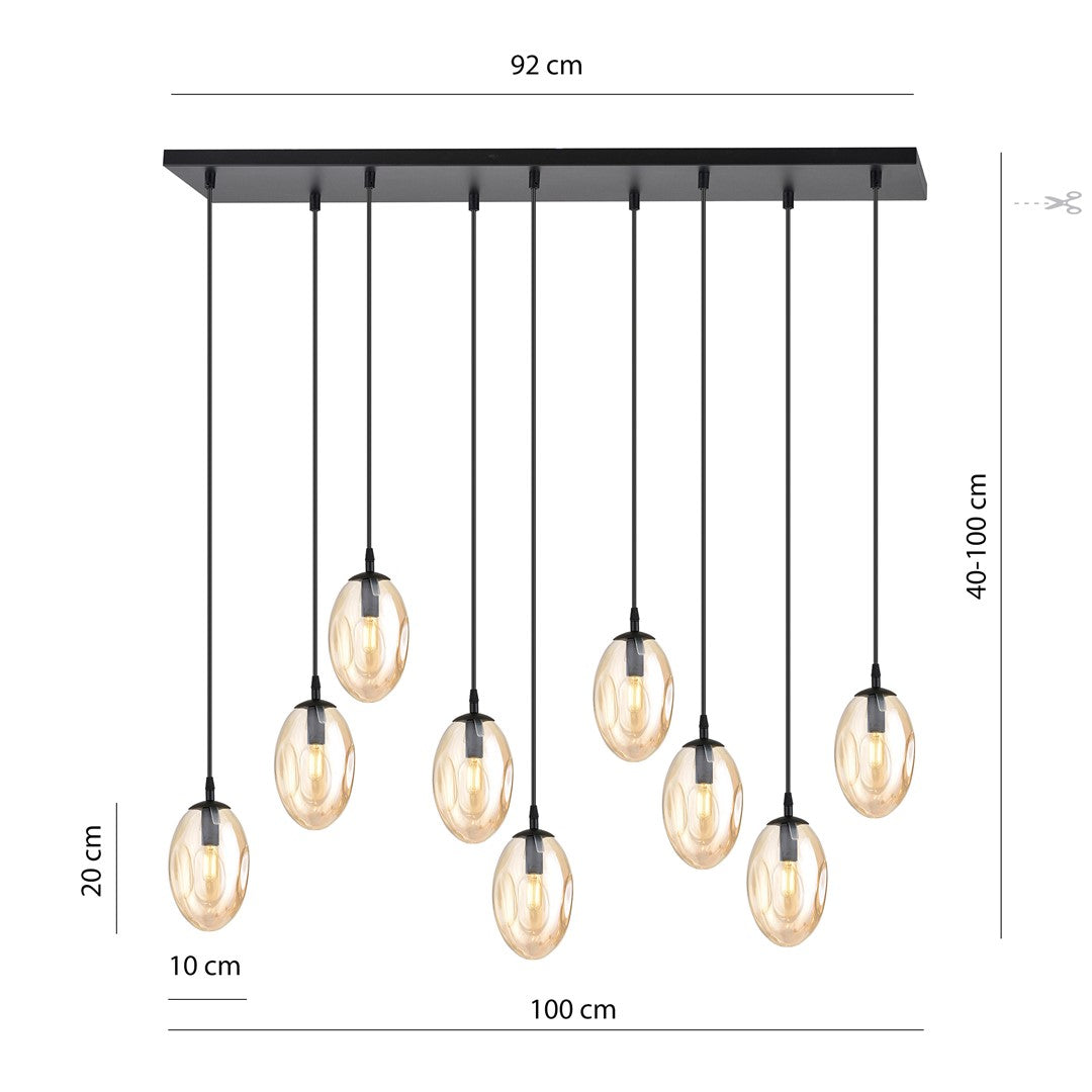 Hanglamp gepoedercoat staal en glas Astral, amber en zwart, 9 lichtpunten E14, hoogte verstelbaar, woonkamer en eetkamer