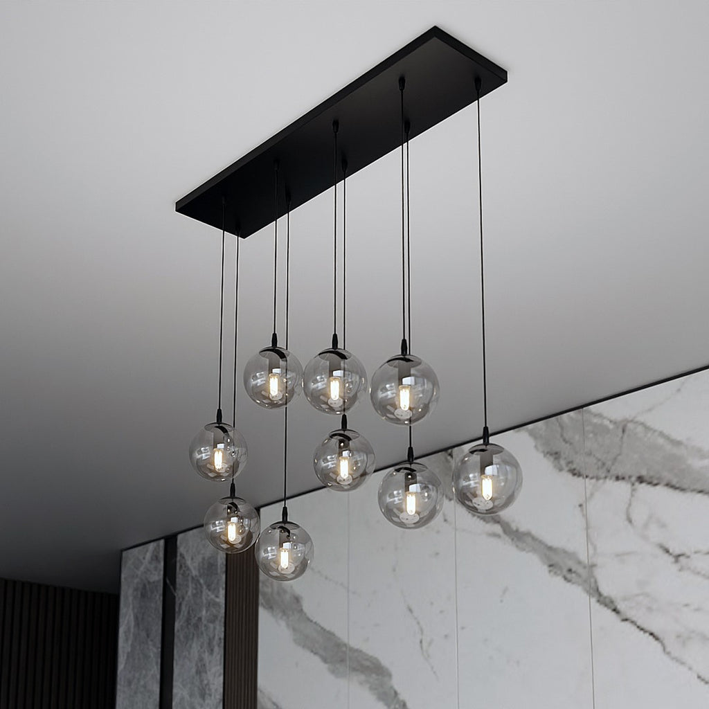 Hanglamp gepoedercoat staal en glas Cosmo, zwart met grafiet glazen kappen, 9 lichts, 104 x 120 cm, eettafel en zithoek