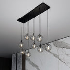 Hanglamp gepoedercoat staal en glas Cosmo, zwart met grafiet glazen kappen, 9 lichts, 104 x 120 cm, eettafel en zithoek