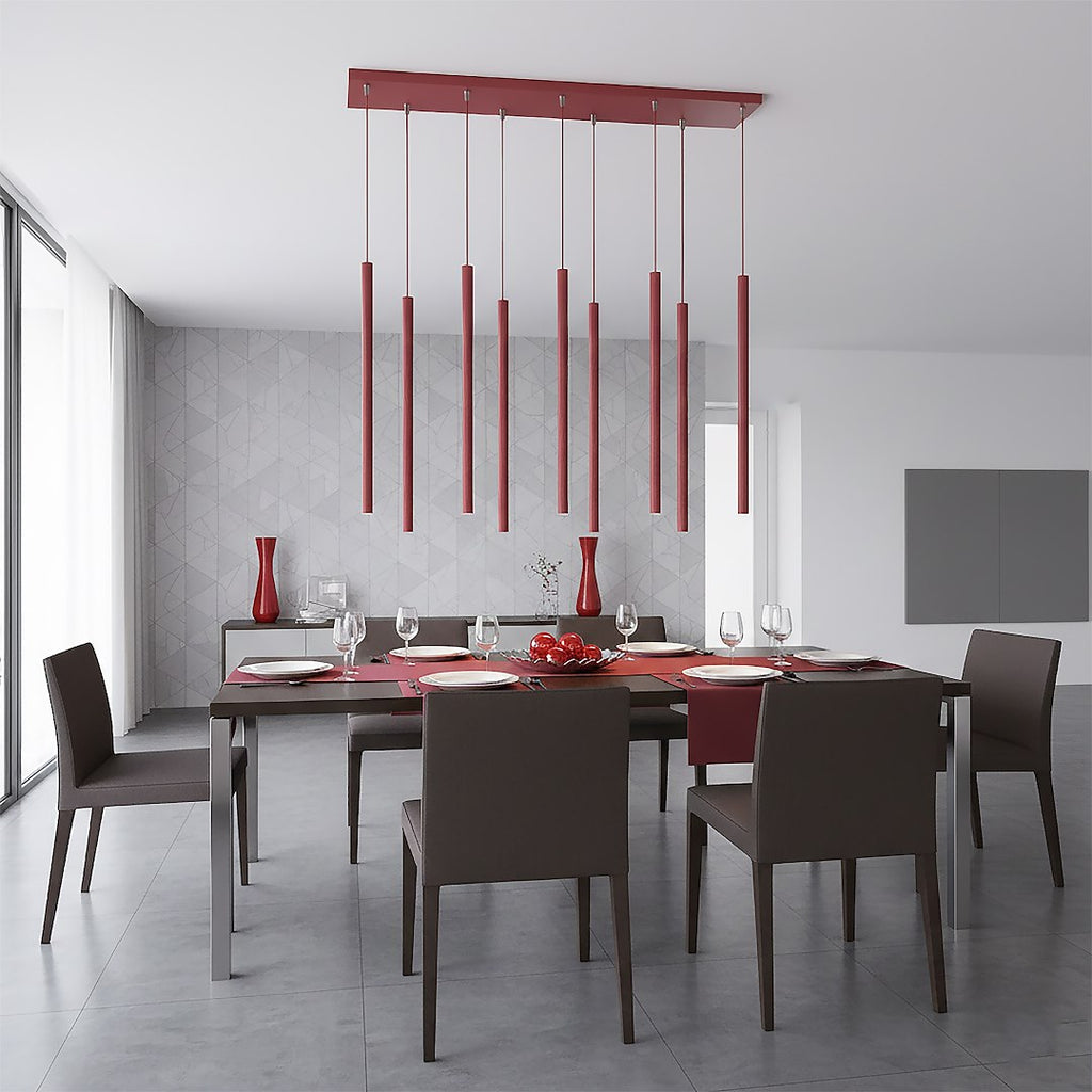 Hanglamp gepoedercoat staal Selter bordeaux 92 cm breed, 9 fittingen G9, boven keukeneiland