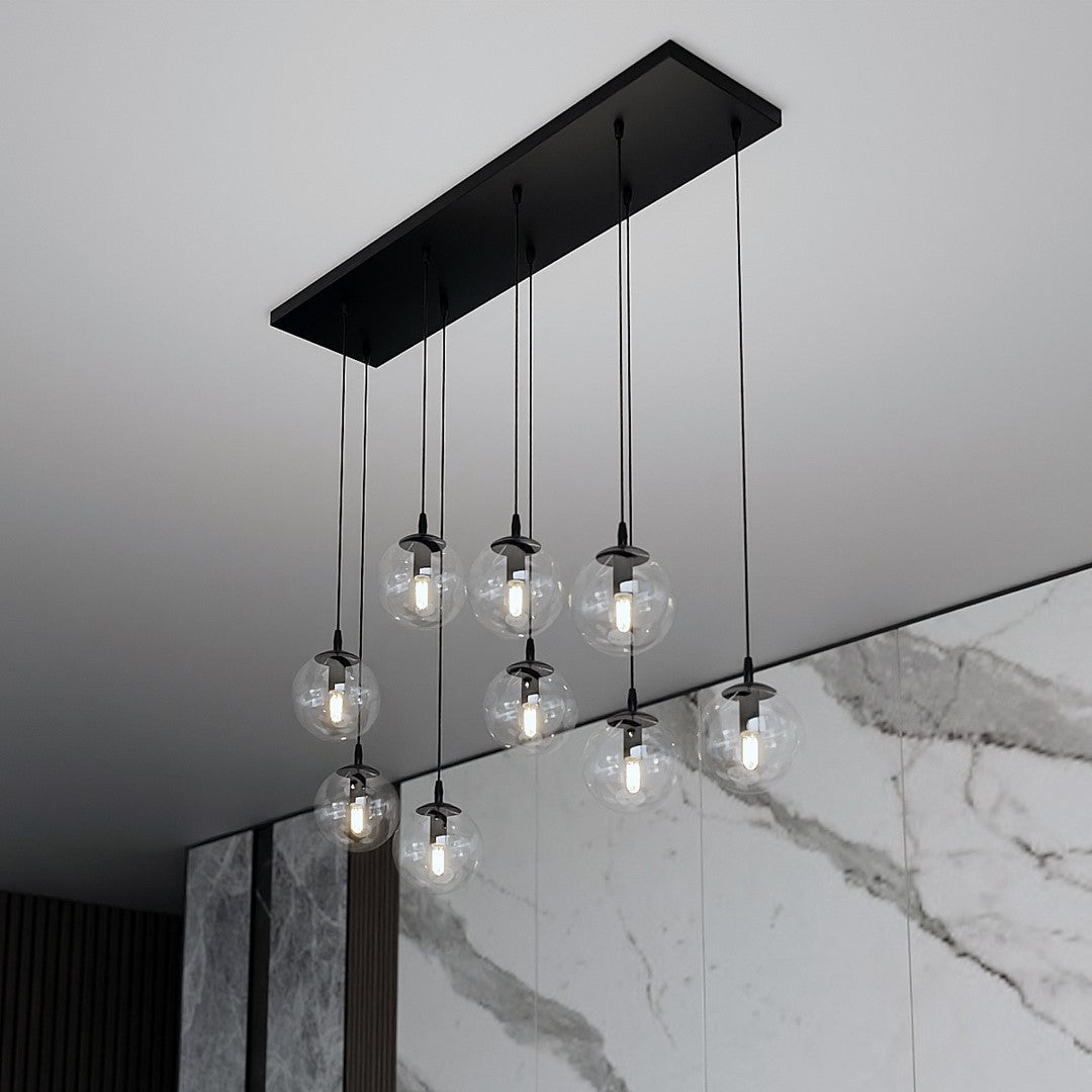 Hanglamp 9 lichts gepoedercoat staal en glas, modern Cosmo, zwart met transparante kappen, 104 x 120 cm