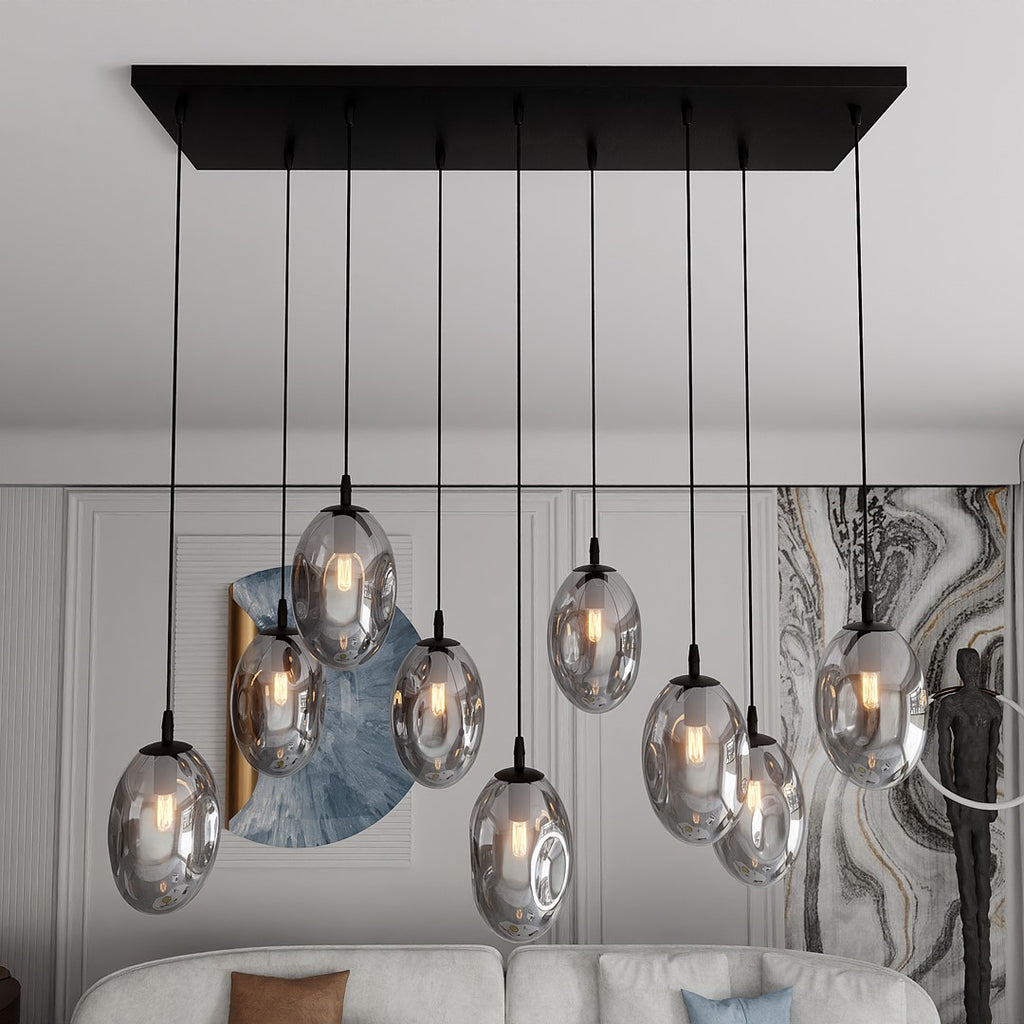 Hanglamp 9 lichts gepoedercoat staal en glas, modern, zwart met grafiet kappen, 92 x 22 cm, eettafel en woonkamer