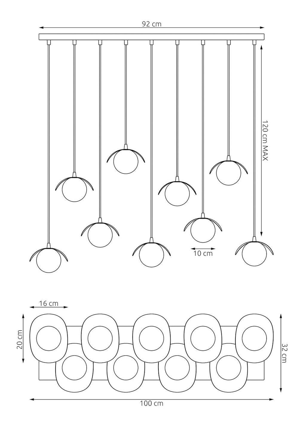 Hanglamp gepoedercoat staal Ritual 9 lichts, modern, zwart met witte kappen – 100 x 32 cm, eettafel en kookeiland