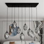 Hanglamp 9 lichts gepoedercoat staal en glas, modern, zwart met grafiet kappen, 92 x 22 cm, eettafel en woonkamer