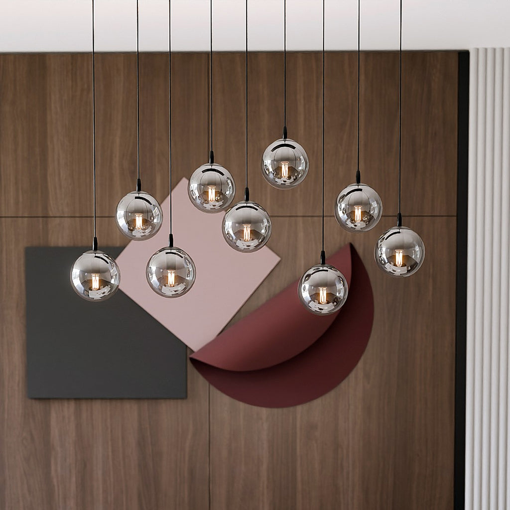 Hanglamp gepoedercoat staal en glas Cosmo, zwart met grafiet glazen kappen, 9 lichts, 104 x 120 cm, eettafel en zithoek
