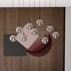 Hanglamp gepoedercoat staal en glas Cosmo, zwart met grafiet glazen kappen, 9 lichts, 104 x 120 cm, eettafel en zithoek