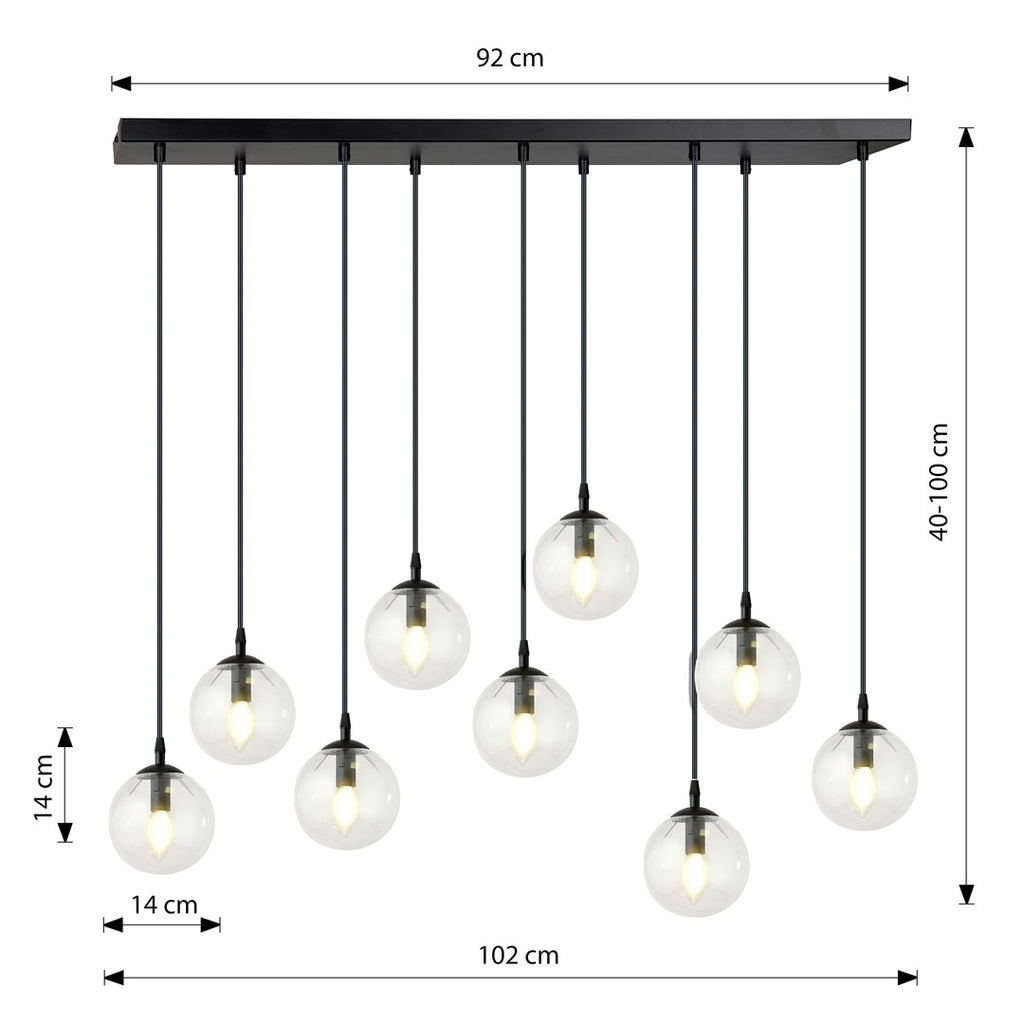 Hanglamp 9 lichts gepoedercoat staal en glas, modern Cosmo, zwart met transparante kappen, 104 x 120 cm
