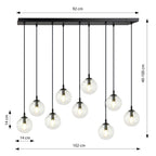 Hanglamp 9 lichts gepoedercoat staal en glas, modern Cosmo, zwart met transparante kappen, 104 x 120 cm