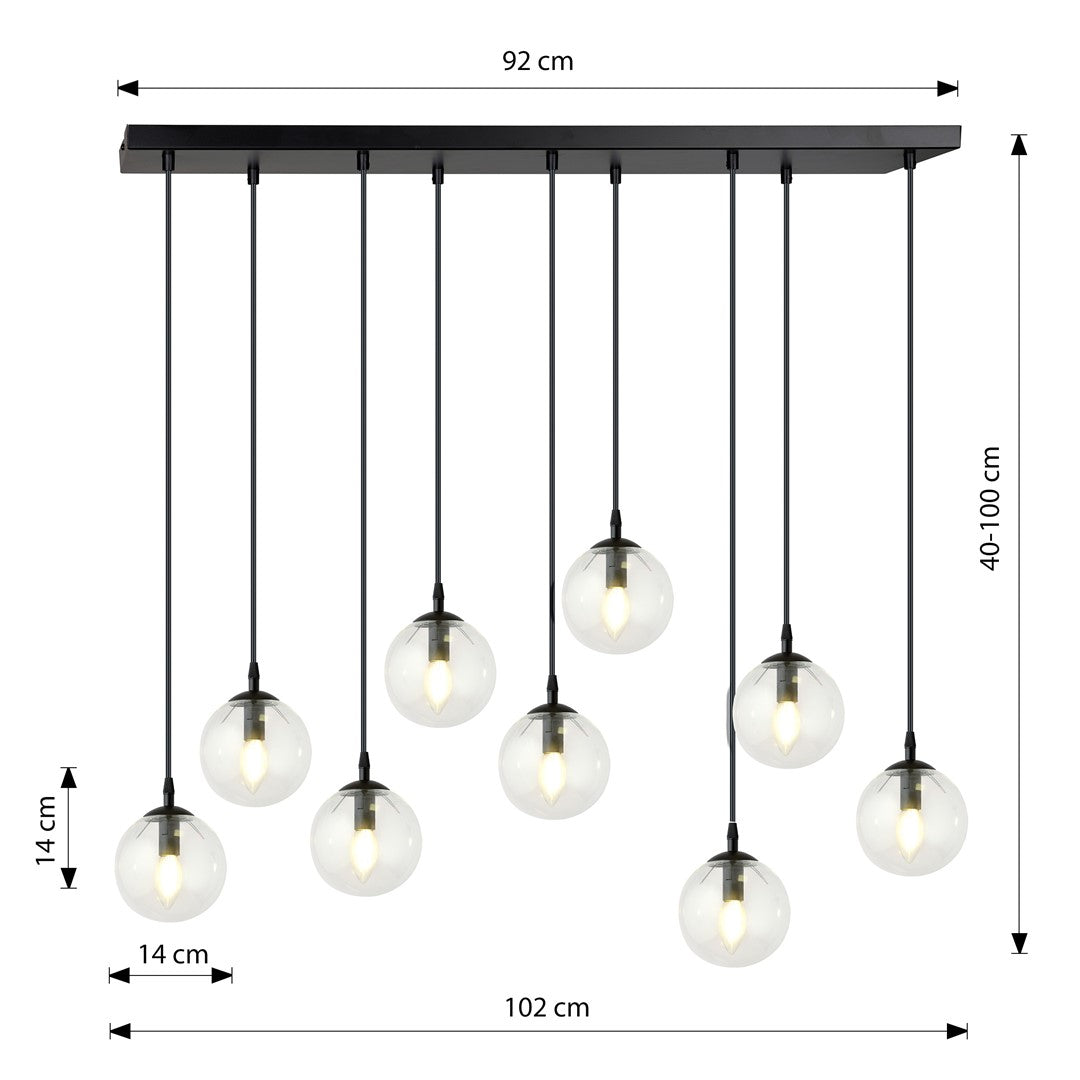 Hanglamp 9 lichts gepoedercoat staal en glas, modern Cosmo, zwart met transparante kappen, 104 x 120 cm