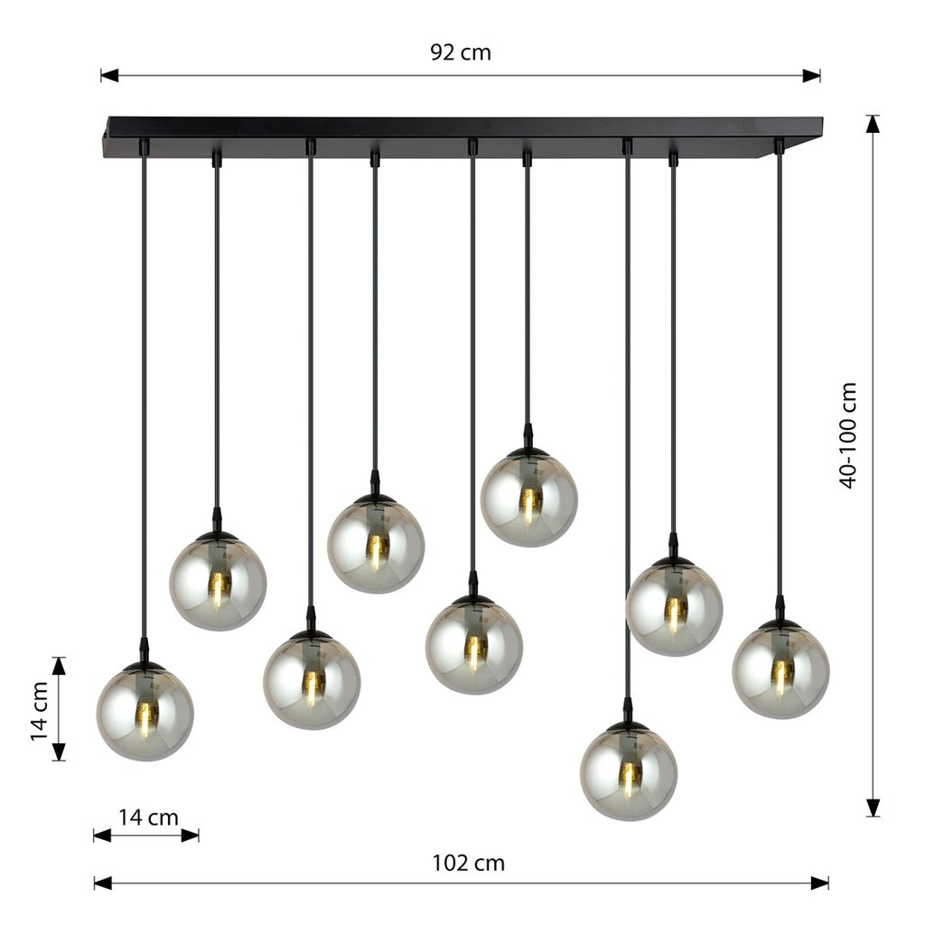 Hanglamp gepoedercoat staal en glas Cosmo, zwart met grafiet glazen kappen, 9 lichts, 104 x 120 cm, eettafel en zithoek