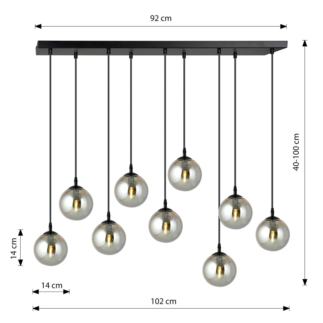 Hanglamp gepoedercoat staal en glas Cosmo, zwart met grafiet glazen kappen, 9 lichts, 104 x 120 cm, eettafel en zithoek