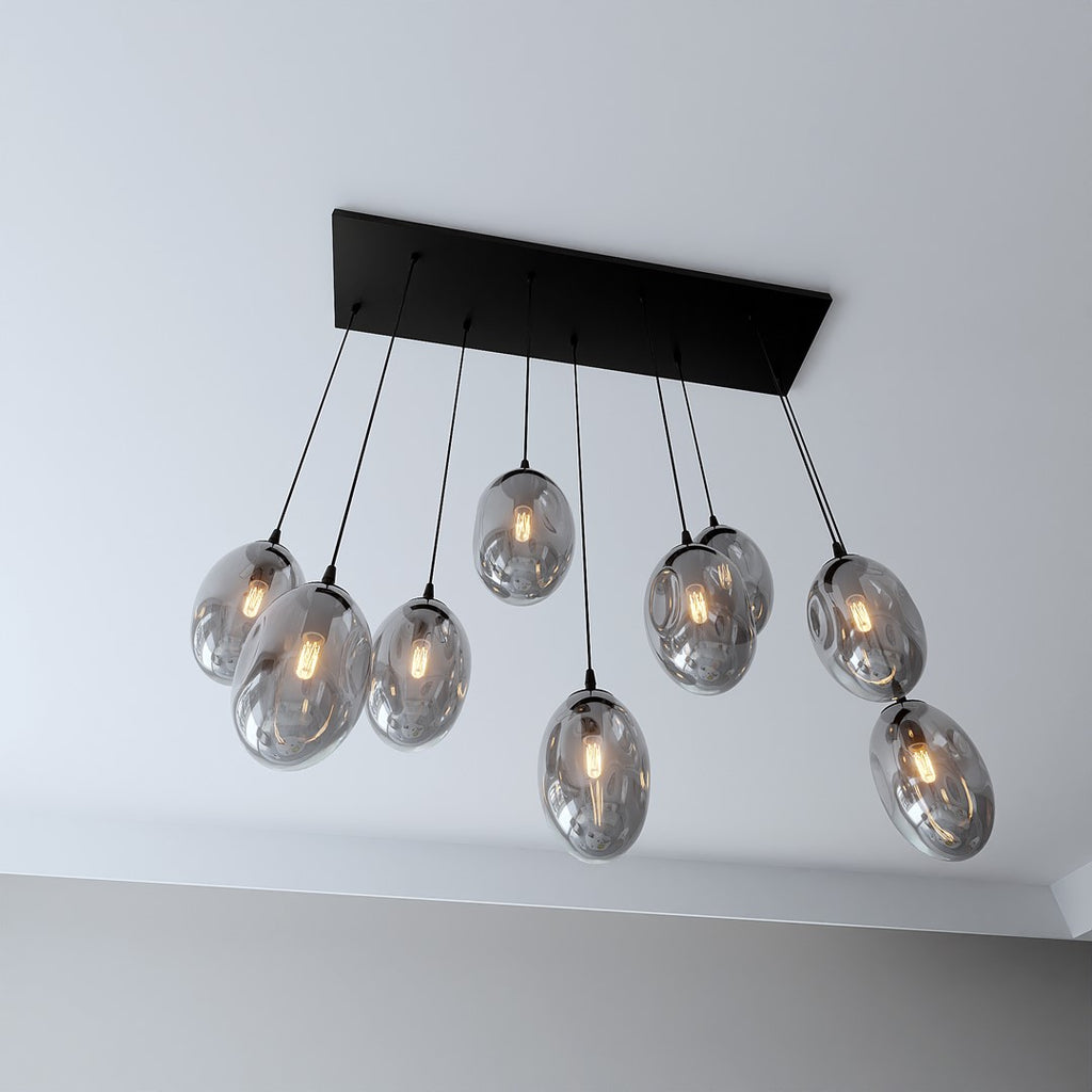 Hanglamp 9 lichts gepoedercoat staal en glas, modern, zwart met grafiet kappen, 92 x 22 cm, eettafel en woonkamer