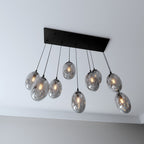 Hanglamp 9 lichts gepoedercoat staal en glas, modern, zwart met grafiet kappen, 92 x 22 cm, eettafel en woonkamer