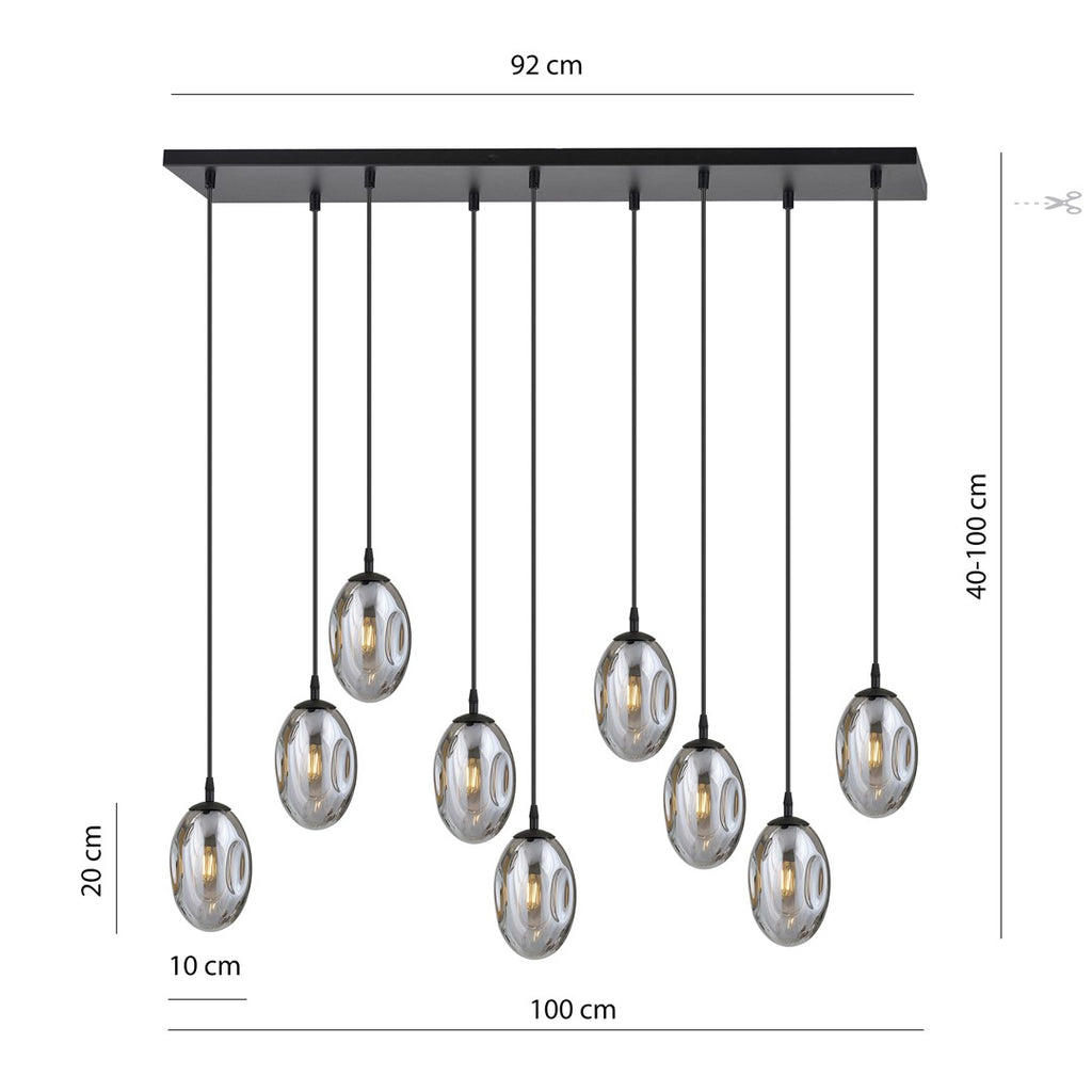 Hanglamp 9 lichts gepoedercoat staal en glas, modern, zwart met grafiet kappen, 92 x 22 cm, eettafel en woonkamer