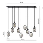 Hanglamp 9 lichts gepoedercoat staal en glas, modern, zwart met grafiet kappen, 92 x 22 cm, eettafel en woonkamer