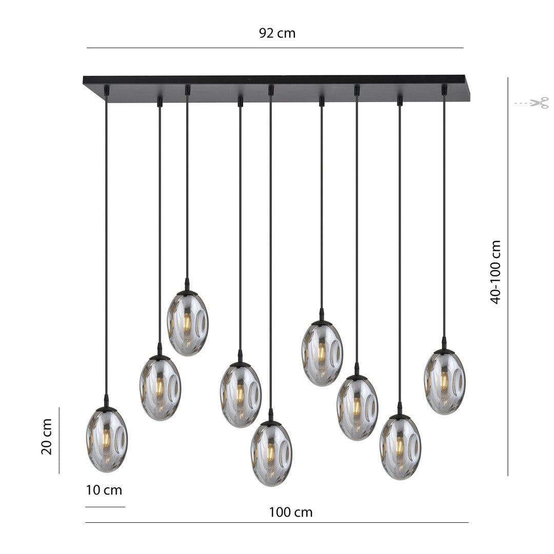 Hanglamp 9 lichts gepoedercoat staal en glas, modern, zwart met grafiet kappen, 92 x 22 cm, eettafel en woonkamer