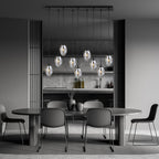 Hanglamp 9 lichts gepoedercoat staal en glas, modern, zwart met grafiet kappen, 92 x 22 cm, eettafel en woonkamer