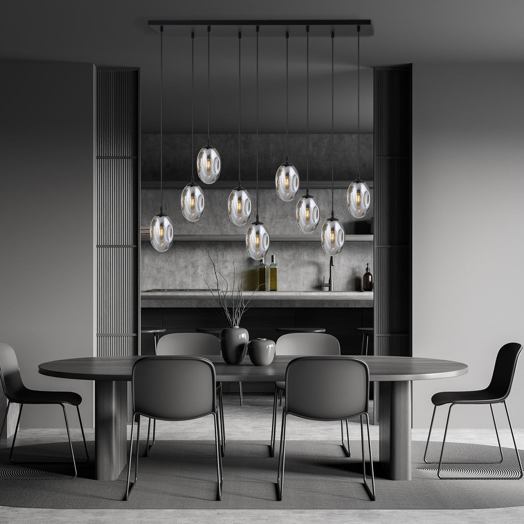 Hanglamp 9 lichts gepoedercoat staal en glas, modern, zwart met grafiet kappen, 92 x 22 cm, eettafel en woonkamer
