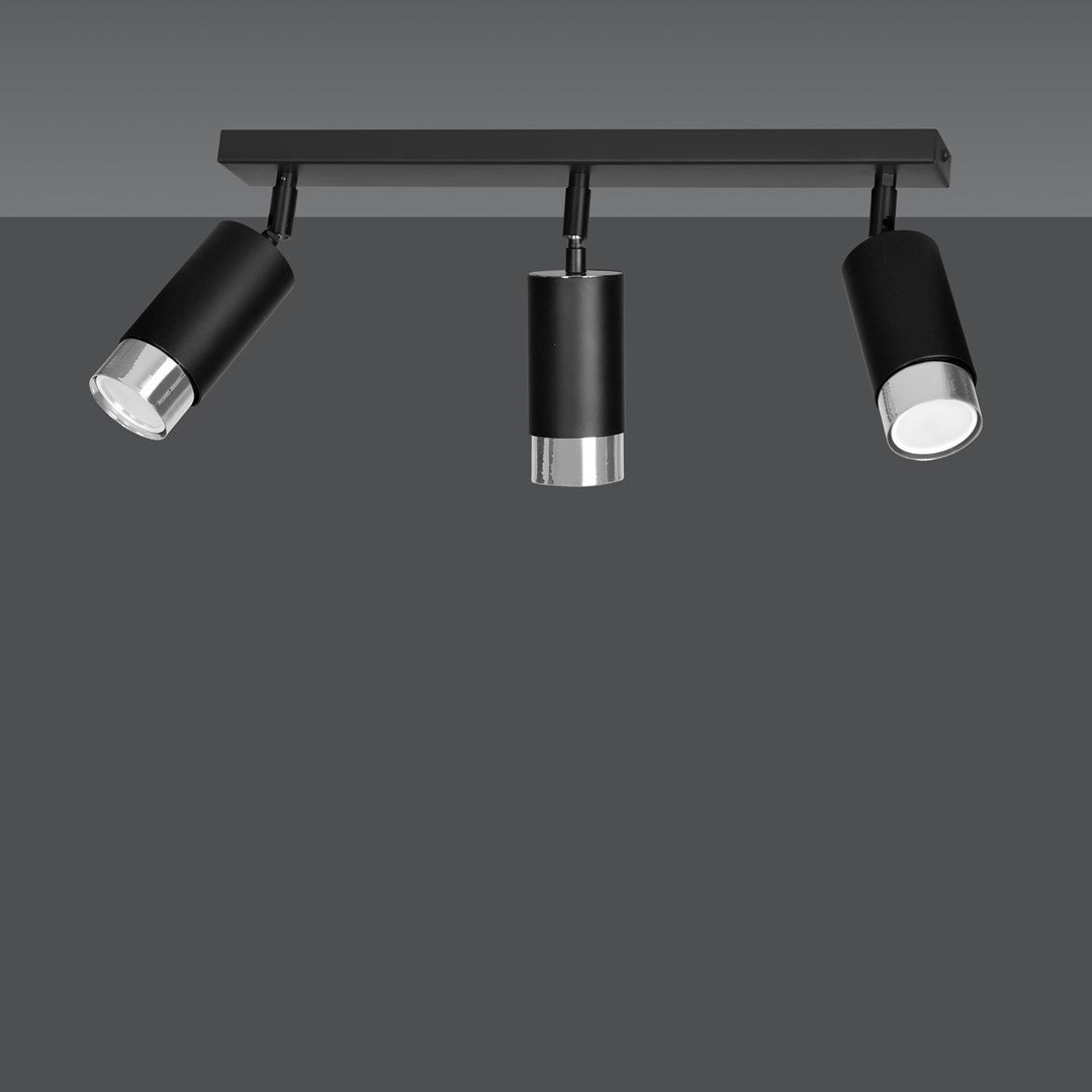 Plafondlamp gepoedercoat staal modern Hiro zwart met zilver, 3 richtbare spots, 45 x 19 cm, voor keuken en hal