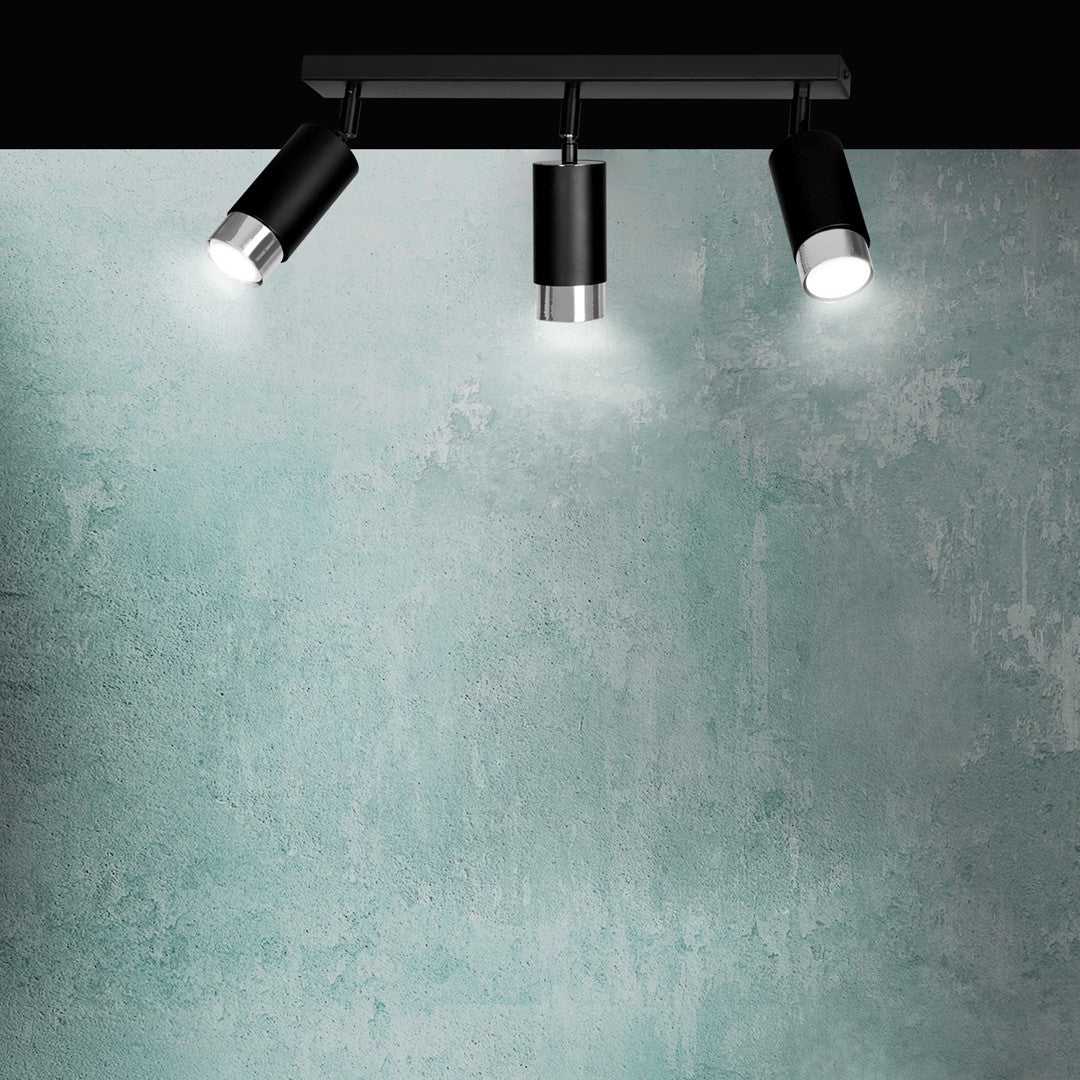 Plafondlamp gepoedercoat staal modern Hiro zwart met zilver, 3 richtbare spots, 45 x 19 cm, voor keuken en hal