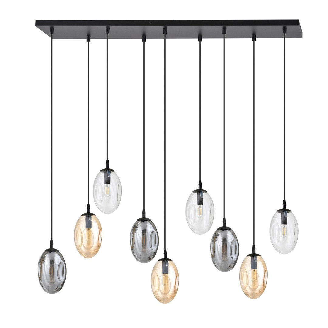 Plafondlamp gepoedercoat staal en glas, modern, zwart met grafiet, transparante en amberkleurige kappen, 9 lichts