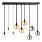 Hanglamp gepoedercoat staal en glas Cosmo zwart, 9 glazen kappen transparant, grafiet en amber, 104 x 120 cm