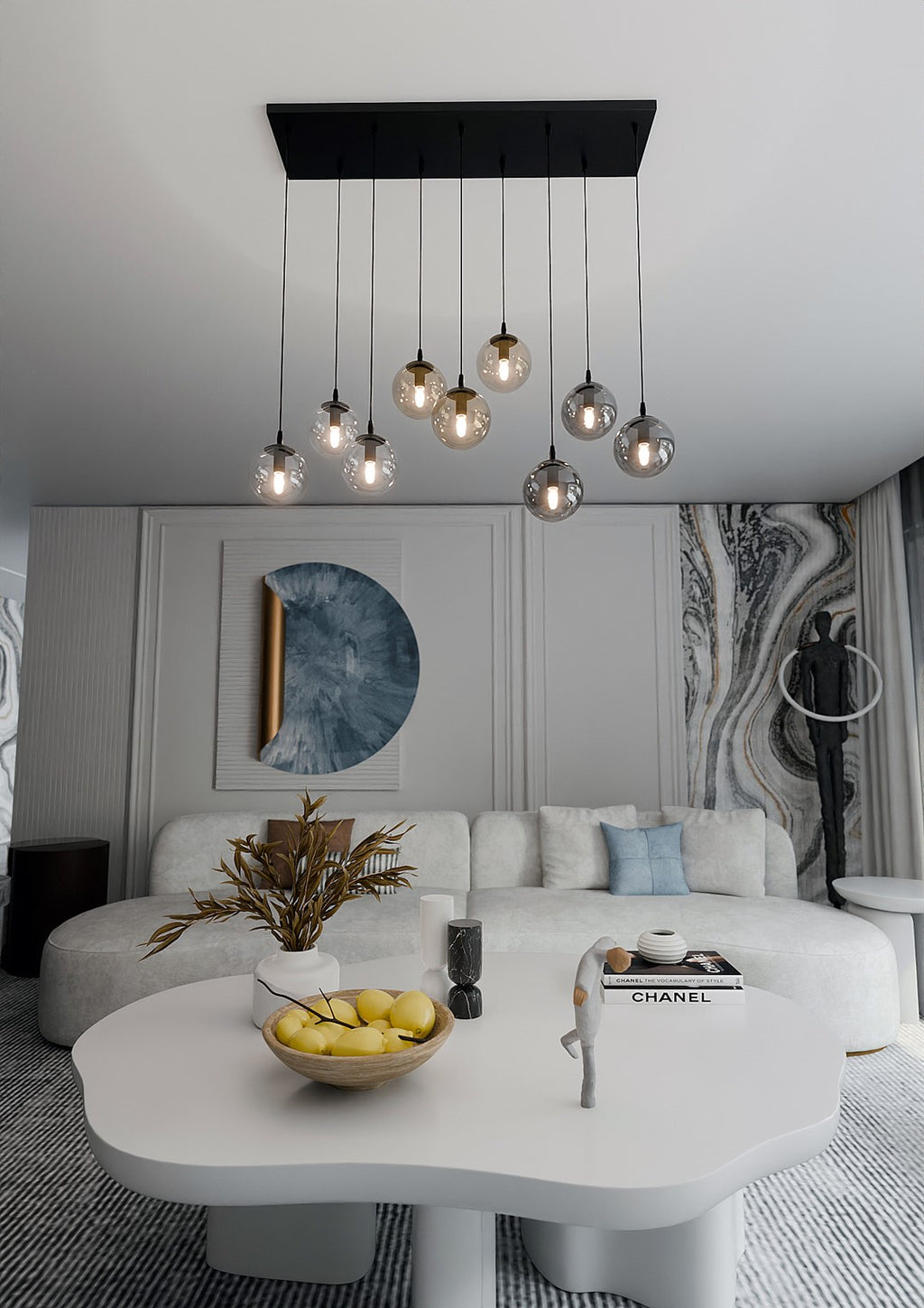 Hanglamp gepoedercoat staal en glas Cosmo zwart, 9 glazen kappen transparant, grafiet en amber, 104 x 120 cm