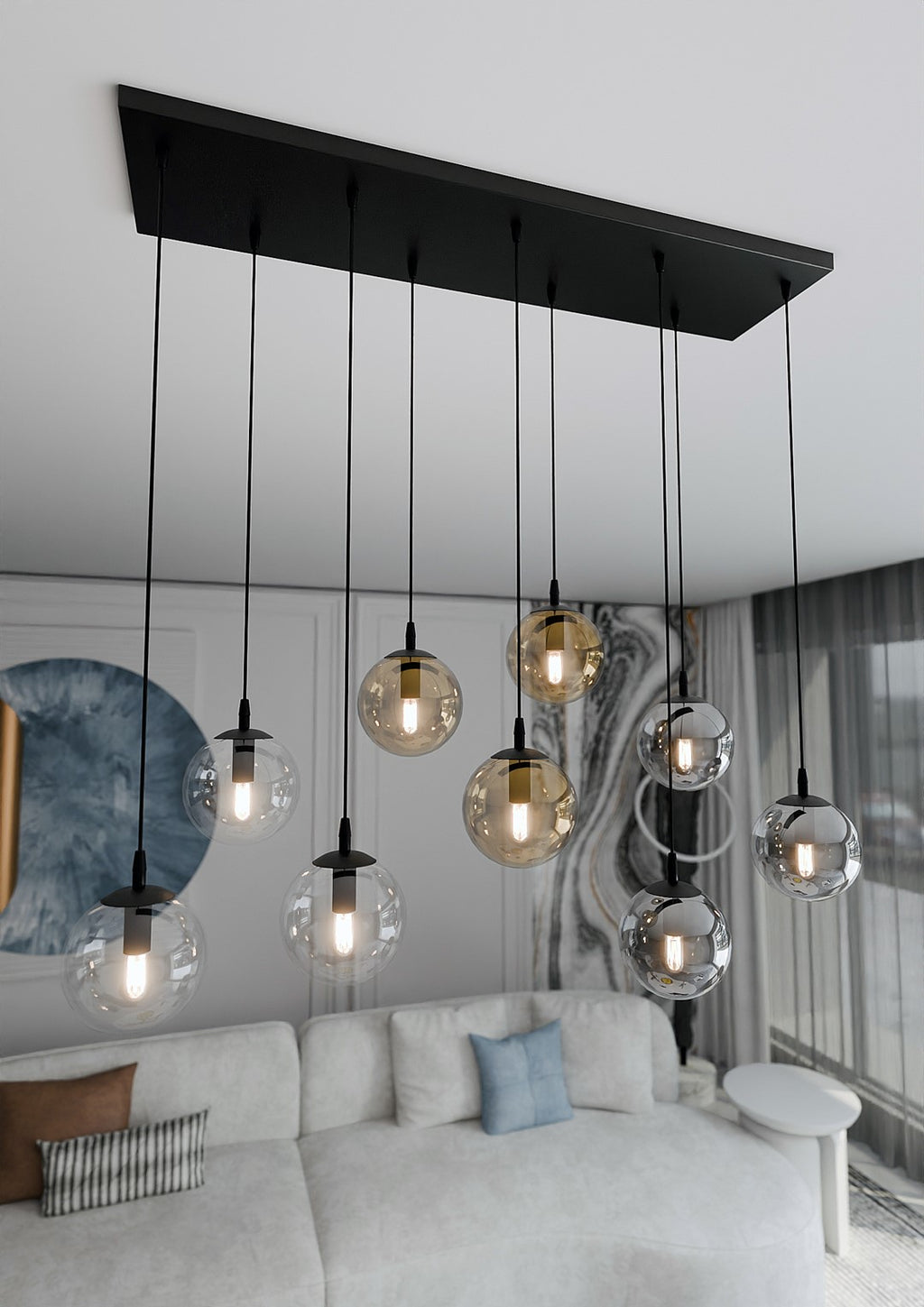Hanglamp gepoedercoat staal en glas Cosmo zwart, 9 glazen kappen transparant, grafiet en amber, 104 x 120 cm
