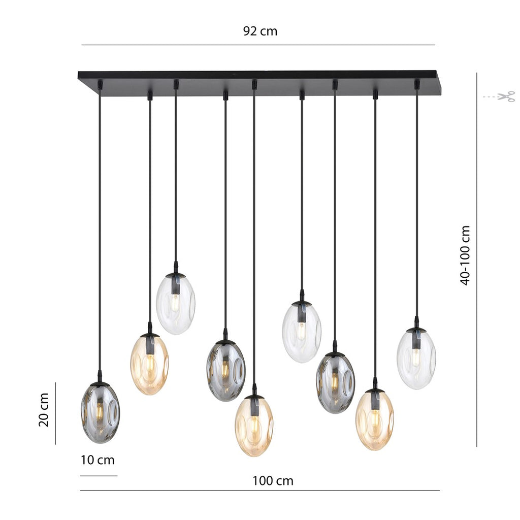 Plafondlamp gepoedercoat staal en glas, modern, zwart met grafiet, transparante en amberkleurige kappen, 9 lichts