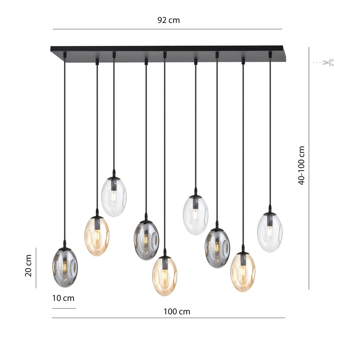 Plafondlamp gepoedercoat staal en glas, modern, zwart met grafiet, transparante en amberkleurige kappen, 9 lichts