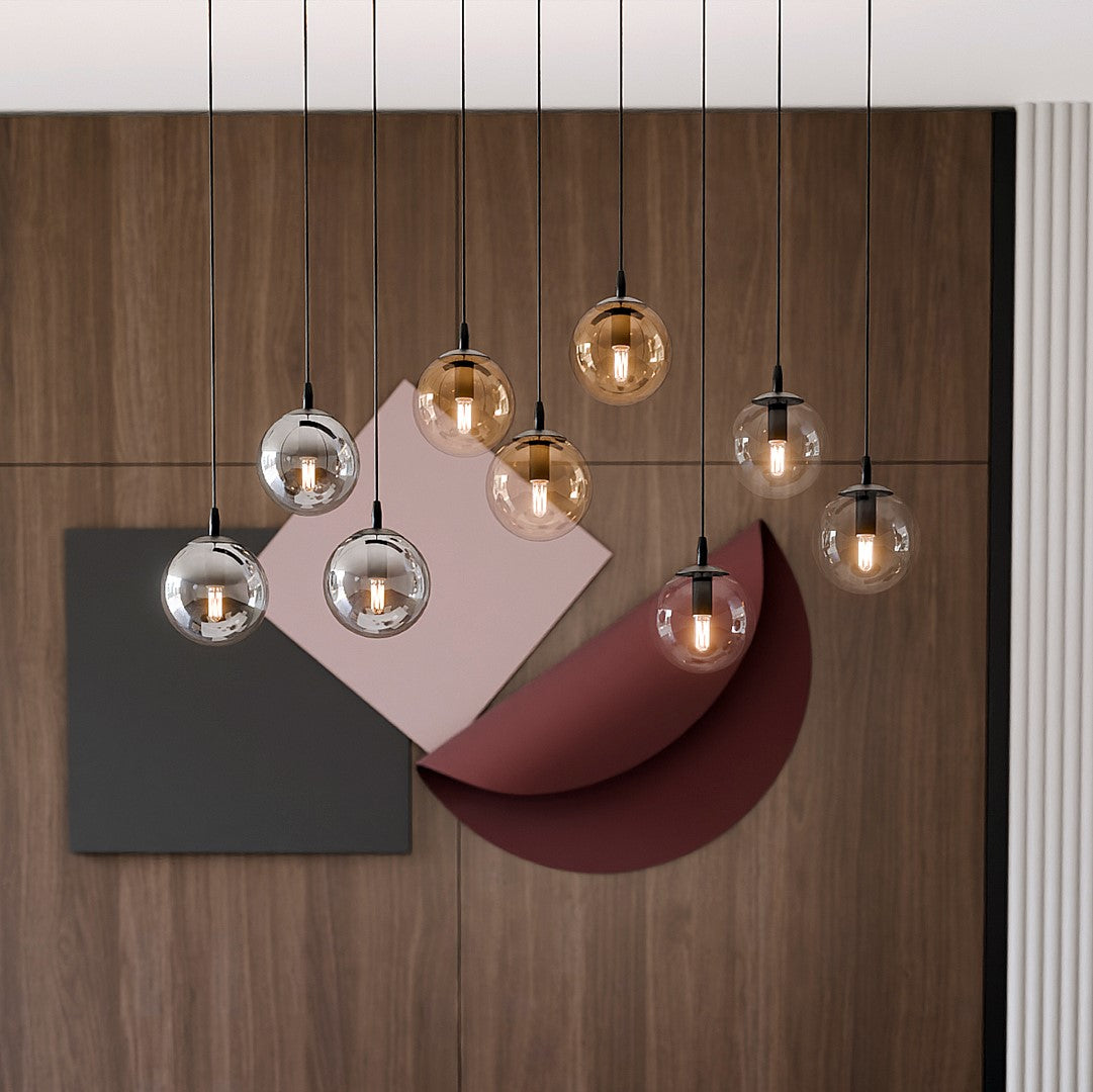 Hanglamp gepoedercoat staal en glas Cosmo zwart, 9 glazen kappen transparant, grafiet en amber, 104 x 120 cm