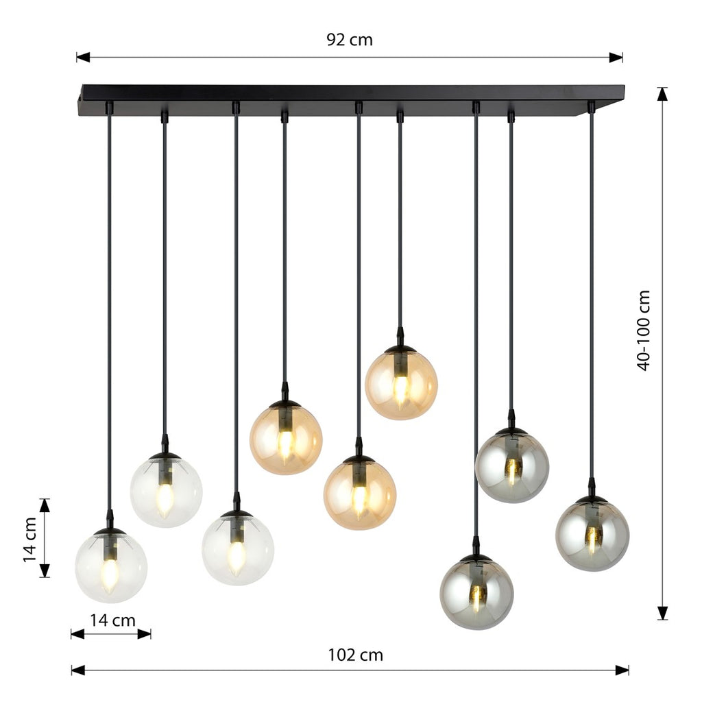 Hanglamp gepoedercoat staal en glas Cosmo zwart, 9 glazen kappen transparant, grafiet en amber, 104 x 120 cm