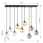 Hanglamp gepoedercoat staal en glas Cosmo zwart, 9 glazen kappen transparant, grafiet en amber, 104 x 120 cm