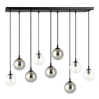 Hanglamp 9 lichts gepoedercoat staal en glas, Cosmo, mat zwart met transparant en graphiet glas, 104 cm breed