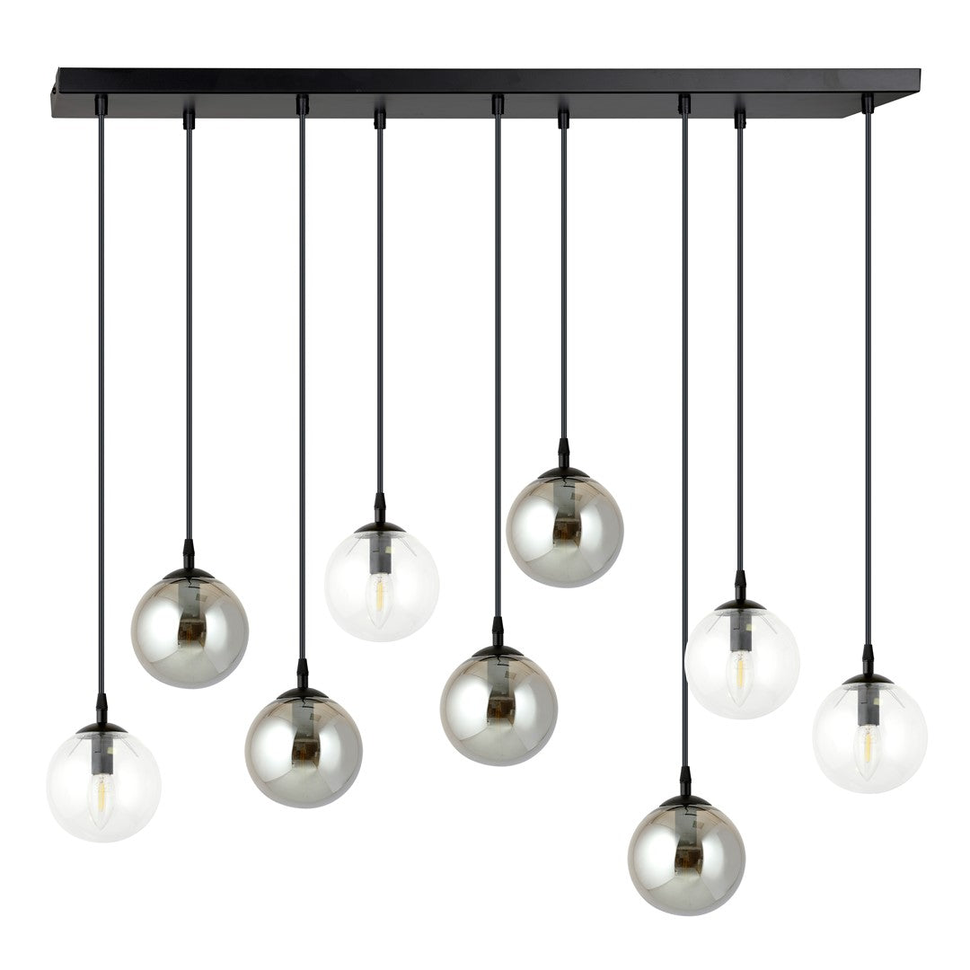 Hanglamp 9 lichts gepoedercoat staal en glas, Cosmo, mat zwart met transparant en graphiet glas, 104 cm breed