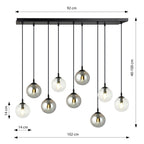 Hanglamp 9 lichts gepoedercoat staal en glas, Cosmo, mat zwart met transparant en graphiet glas, 104 cm breed